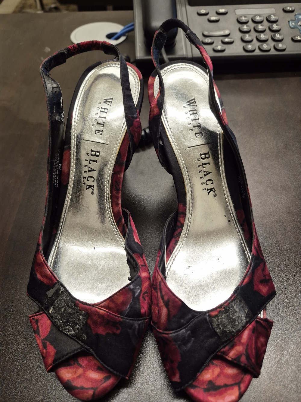 White House Black Market Black and Red Floral Slingback Heels